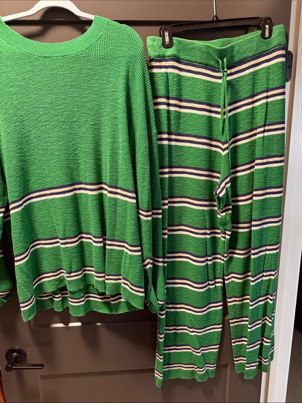 Green Striped Knit Pajama Set — Women's Lounge Top & Drawstring Pants
